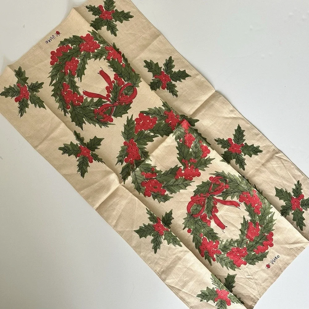 Vintage Vera Neumann Wreath Tea Towel Kitchen Christmas MCM
